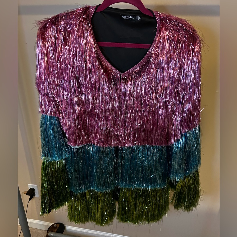 COPY - Metallic Open Front Tiered Tinsel Fringe Jacket